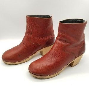 Swedish Hasbeens Womens Red Back Zip  Block Heel Clog Boots US 11.5 EU 42